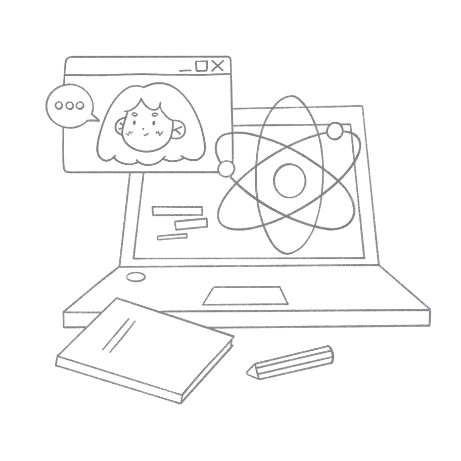 bonbon-line-online-science-learning présentant une fenêtre de programme informatique et des mains collaborant à la construction d'un univers composé de formes géométriques et de composants d'interface.